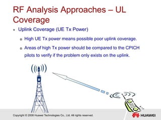 Copyright © 2008 Huawei Technologies Co., Ltd. All rights reserved.
RF Analysis Approaches – UL
Coverage
 Uplink Coverage (UE Tx Power)
 High UE Tx power means possible poor uplink coverage.
 Areas of high Tx power should be compared to the CPICH
pilots to verify if the problem only exists on the uplink.
 