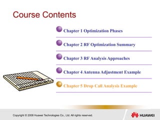 Copyright © 2008 Huawei Technologies Co., Ltd. All rights reserved.
Course Contents
Chapter 1 Optimization Phases
Chapter 2 RF Optimization Summary
Chapter 3 RF Analysis Approaches
Chapter 4 Antenna Adjustment Example
Chapter 5 Drop Call Analysis Example
 