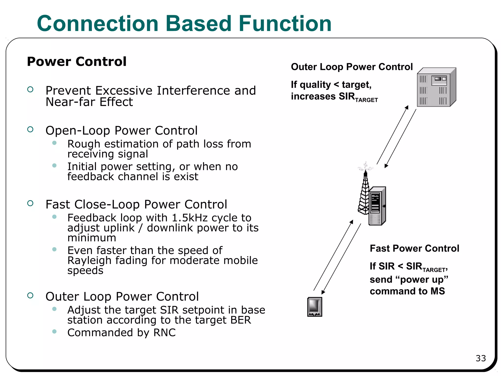 33
Connection Based Function
Power Control
 Prevent Excessive Interference and
Near-far Effect
 Open-Loop Power Control
 Rough estimation of path loss from
receiving signal
 Initial power setting, or when no
feedback channel is exist
 Fast Close-Loop Power Control
 Feedback loop with 1.5kHz cycle to
adjust uplink / downlink power to its
minimum
 Even faster than the speed of
Rayleigh fading for moderate mobile
speeds
 Outer Loop Power Control
 Adjust the target SIR setpoint in base
station according to the target BER
 Commanded by RNC
Fast Power Control
If SIR < SIRTARGET,
send “power up”
command to MS
Outer Loop Power Control
If quality < target,
increases SIRTARGET
 