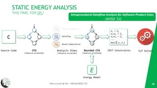 STATIC ENERGY ANALYSIS
THIS TIME, FOR SPL!
16Marco Couto @ GSL - HASLab/INESC TEC
C
Source Code CFG
Machine Behavior
Dataflow
Bound Computation
Analysis Steps
1
53
2
Bounded CFG
E
Energy Model
ILP Solver
x1 > C0
x1+x2 = C1
x1+x3 = C2
...
max(∑ xi.ti)
IPET ConstraintsCFG
(feature-oriented)
1
53
2
Bounded CFG
(feature-oriented)(feature-oriented)
Intraprocedural Dataflow Analysis for Software Product Lines
- [AOSD '12]
 