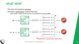 WHAT NOW?
• This work was focused on accuracy
• Technique’s performance could be improved...
• Main reason: shared constraints are re-calculated for every product
19Marco Couto @ GSL - HASLab/INESC TEC
A B
CORE
D E
C
{B, C, D}
A B
CORE
D E
C
{A, B, C, D}
...
#Constraints for B
...
#Constraints for C
...
#Constraints for D
...
Constraint
Generator
...
#Constraints for B
...
#Constraints for C
...
#Constraints for D
...
Constraint
Generator
*
*
*Constraints solved more than once!
 