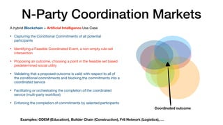 N-Party Coordination Markets
A hybrid Blockchain + Artiﬁcial Intelligence Use Case

• Capturing the Conditional Commitments of all potential
participants

• Identifying a Feasible Coordinated Event, a non-empty rule-set
intersection

• Proposing an outcome, choosing a point in the feasible set based
predetermined social utility

• Validating that a proposed outcome is valid with respect to all of
the conditional commitments and blocking the commitments into a
coordinated service

• Facilitating or orchestrating the completion of the coordinated
service (multi-party workﬂow)

• Enforcing the completion of commitments by selected participants
Coordinated outcome
Examples: ODEM (Education), Builder Chain (Construction), Fr8 Network (Logistics), …
 