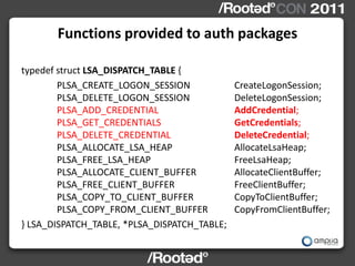 Functions provided to auth packages

typedef struct LSA_DISPATCH_TABLE {
        PLSA_CREATE_LOGON_SESSION             CreateLogonSession;
        PLSA_DELETE_LOGON_SESSION             DeleteLogonSession;
        PLSA_ADD_CREDENTIAL                   AddCredential;
        PLSA_GET_CREDENTIALS                  GetCredentials;
        PLSA_DELETE_CREDENTIAL                DeleteCredential;
        PLSA_ALLOCATE_LSA_HEAP                AllocateLsaHeap;
        PLSA_FREE_LSA_HEAP                    FreeLsaHeap;
        PLSA_ALLOCATE_CLIENT_BUFFER           AllocateClientBuffer;
        PLSA_FREE_CLIENT_BUFFER               FreeClientBuffer;
        PLSA_COPY_TO_CLIENT_BUFFER            CopyToClientBuffer;
        PLSA_COPY_FROM_CLIENT_BUFFER          CopyFromClientBuffer;
} LSA_DISPATCH_TABLE, *PLSA_DISPATCH_TABLE;
 