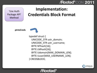 'Use Auth
                       Implementation:
Package API’       Credentials Block Format
  Method



      ptrtoCreds

                   typedef struct {
                      UNICODE_STR ustr_domain;
                      UNICODE_STR ustr_username;
                      BYTE NThash[16];
                      BYTE LMhash[16];
                      BYTE Udomain[MAX_DOMAIN_LEN];
                      BYTE Uuser[MAX_USERNAME_LEN];
                   } CREDSBLOCK;
 