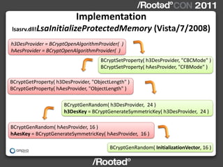 Implementation
lsasrv.dll!LsaInitializeProtectedMemory                    (Vista/7/2008)
h3DesProvider = BCryptOpenAlgorithmProvider( )
hAesProvider = BCryptOpenAlgorithmProvider( )
                                     BCryptSetProperty( h3DesProvider, "CBCMode" )
                                     BCryptSetProperty( hAesProvider, "CFBMode" )

BCryptGetProperty( h3DesProvider, "ObjectLength" )
BCryptGetProperty( hAesProvider, "ObjectLength" )

                      BCryptGenRandom( h3DesProvider, 24 )
                      h3DesKey = BCryptGenerateSymmetricKey( h3DesProvider, 24 )

BCryptGenRandom( hAesProvider, 16 )
hAesKey = BCryptGenerateSymmetricKey( hAesProvider, 16 )

                                         BCryptGenRandom( InitializationVector, 16 )
 