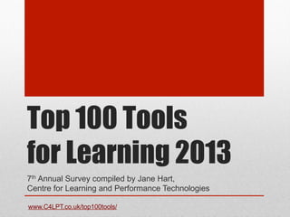 Top 100 Tools 2013 in ranked order appears
at
www.C4LPT.co.uk/top100tools/

Top 100 Tools
for Learning 2013
7th Annual Survey compiled by Jane Hart,
Centre for Learning and Performance Technologies

 