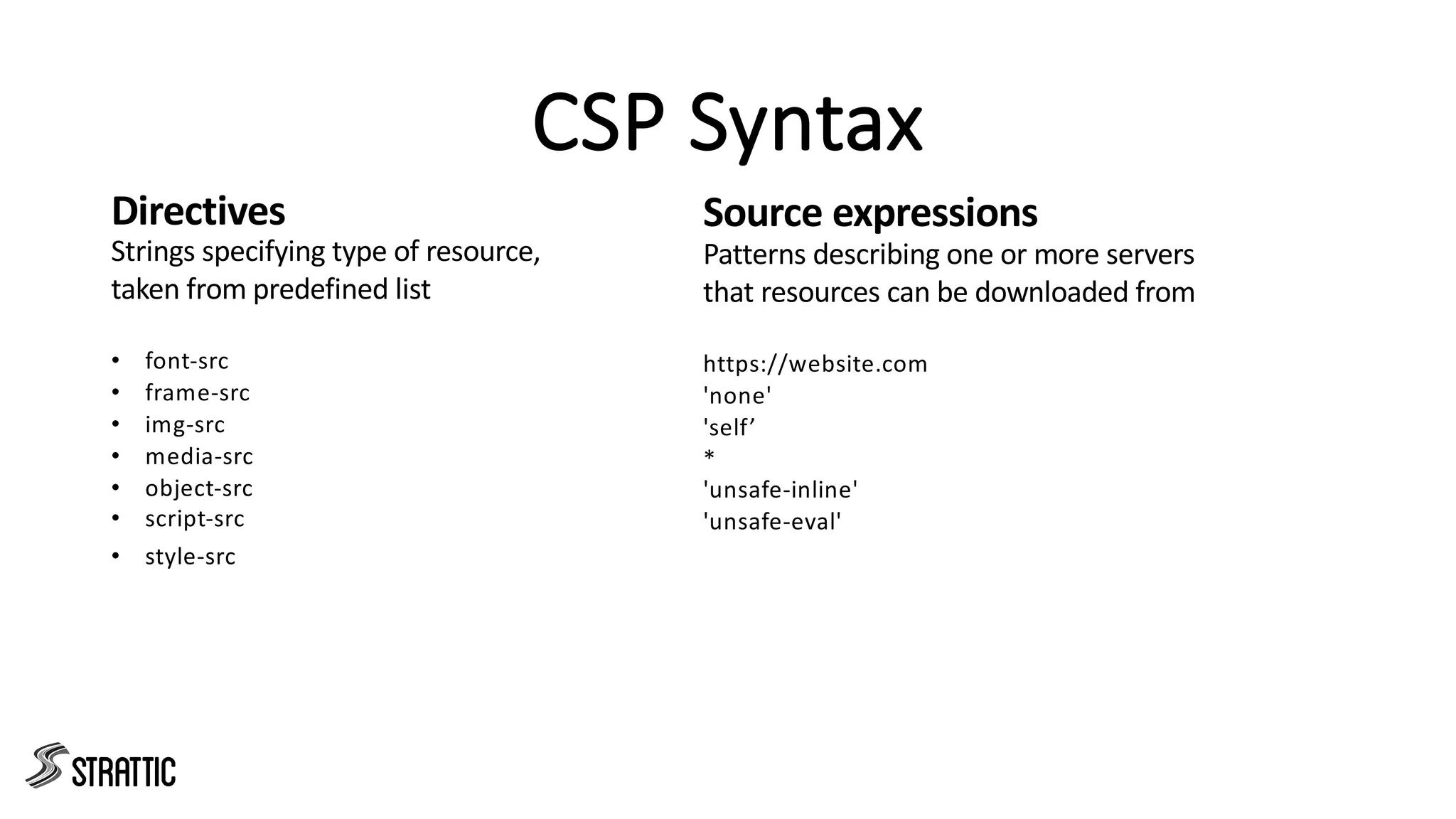CSP Syntax
Directives
Strings specifying type of resource,
taken from predefined list
• font-src
• frame-src
• img-src
• media-src
• object-src
• script-src
• style-src
Source expressions
Patterns describing one or more servers
that resources can be downloaded from
https://website.com
'none'
'self’
*
'unsafe-inline'
'unsafe-eval'
 