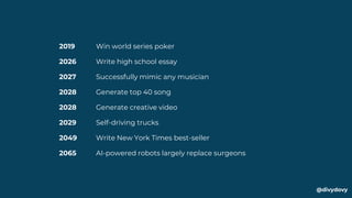 @divydovy
2019 Win world series poker
2026 Write high school essay
2027 Successfully mimic any musician
2028 Generate top ...