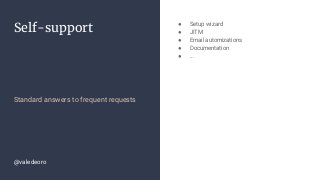 Self-support
Standard answers to frequent requests
● Setup wizard
● JITM
● Email automizations
● Documentation
● ...
@valedeoro
 