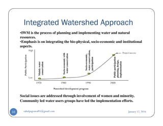 Integrated Watershed Approach
•IWM is the process of planning and implementing water and natural
resources.
•Emphasis is on integrating the bio-physical, socio-economic and institutional
aspects.
PublicParticipation
High
Mainlywater
conservation
economicwith
waterconservation
economic,
waterconservation,
participation
Publicparticipation
planning,design,
implementation
Project success
Social issues are addressed through involvement of women and minority.
Community led water users groups have led the implementation efforts.
1970 1980 1990 2000
PublicParticipation
Watershed development program
Low
Mainlywater
conservation
Socio-economicwith
waterconservation
Socio-economic,
waterconservation,
participation
Publicparticipation
planning,design,
implementation
January 12, 2016rahulpagrawal05@gmail.com33
 