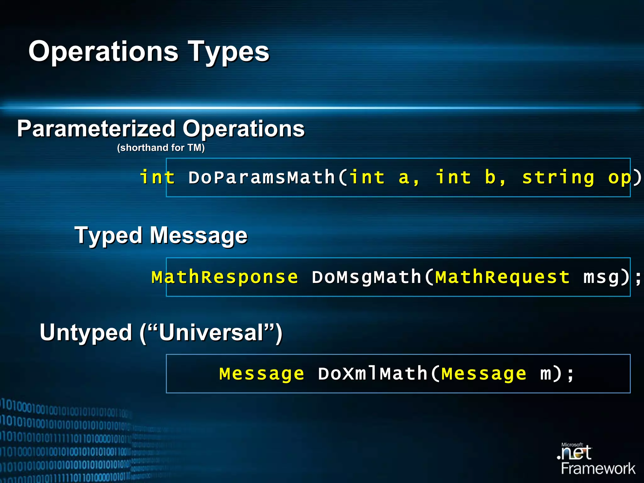 Operations Types Message  DoXmlMath( Message  m); Untyped (“Universal”) MathResponse  DoMsgMath( MathRequest  msg); int  DoParamsMath( int a, int b, string op ); Typed Message Parameterized Operations (shorthand for TM) 