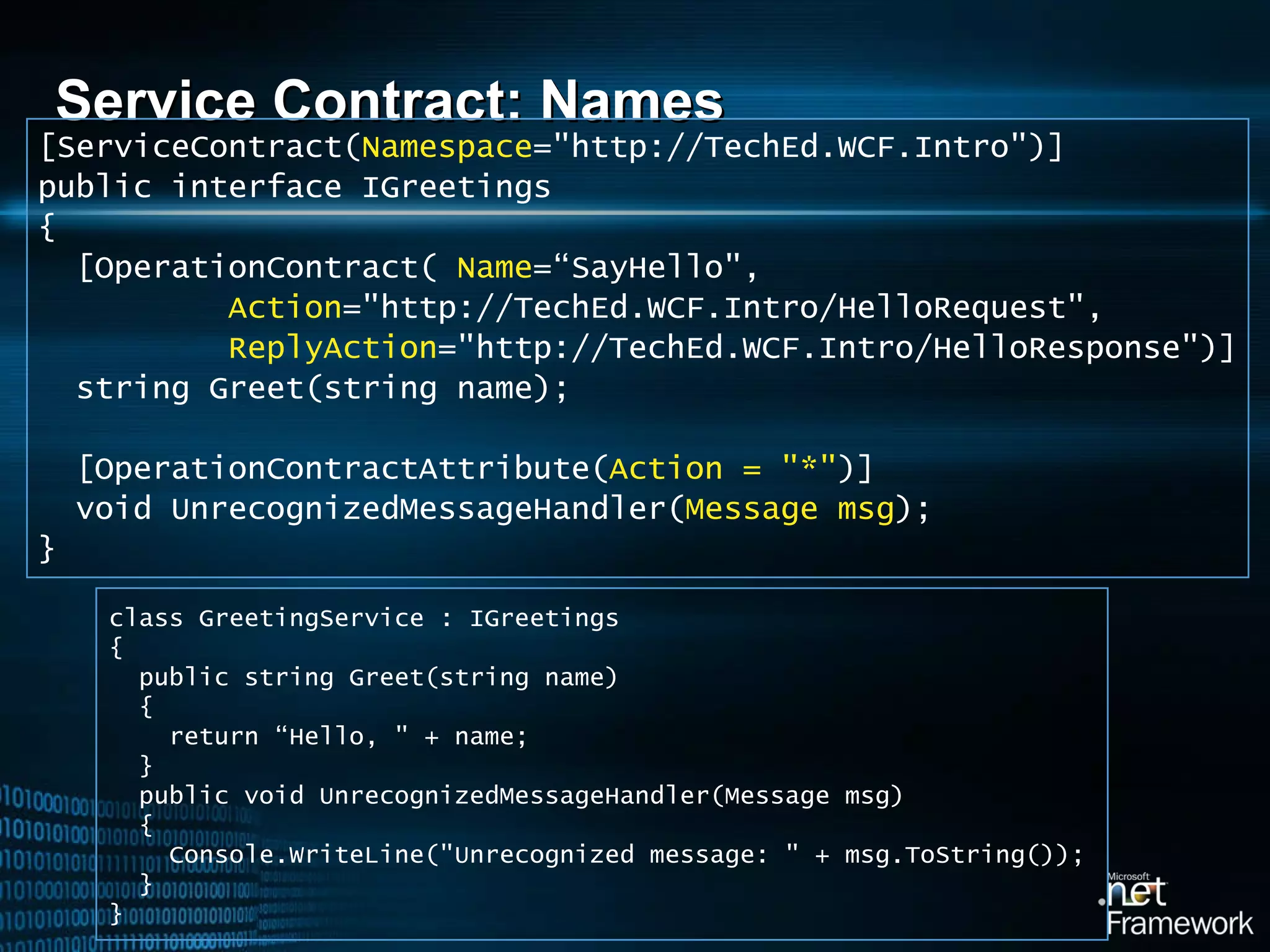 Service Contract: Names [ServiceContract( Namespace =&quot;http://TechEd.WCF.Intro&quot;)] public interface IGreetings { [OperationContract(  Name =“SayHello&quot;, Action =&quot;http://TechEd.WCF.Intro/HelloRequest&quot;, ReplyAction =&quot;http://TechEd.WCF.Intro/HelloResponse&quot;)] string Greet(string name); [OperationContractAttribute( Action = &quot;*&quot; )] void UnrecognizedMessageHandler( Message msg ); } class GreetingService : IGreetings { public string Greet(string name) { return “Hello, &quot; + name; } public void UnrecognizedMessageHandler(Message msg) { Console.WriteLine(&quot;Unrecognized message: &quot; + msg.ToString()); } } 