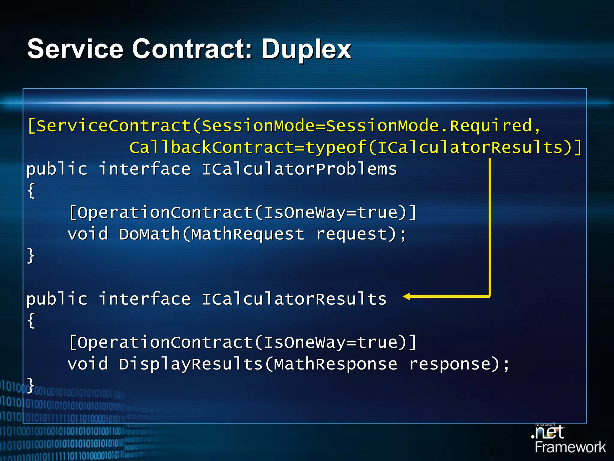 Service Contract: Duplex [ServiceContract(SessionMode=SessionMode.Required,  CallbackContract=typeof(ICalculator Results ) ] public interface ICalculatorProblems { [OperationContract(IsOneWay=true)] void DoMath(MathRequest request); } public interface ICalculatorResults { [OperationContract(IsOneWay=true)] void DisplayResults(MathResponse response); } 