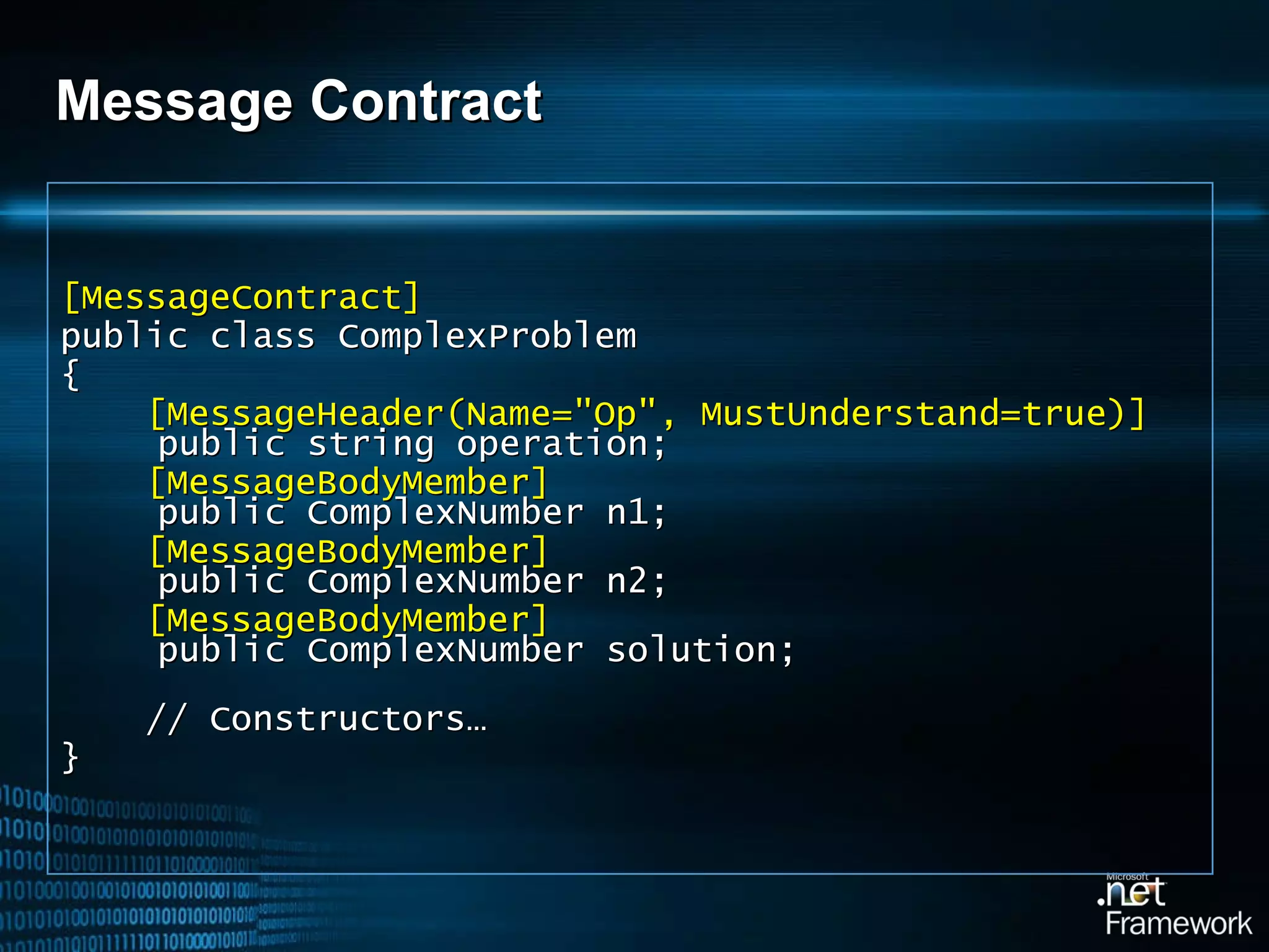Message Contract [MessageContract] public class ComplexProblem { [MessageHeader(Name=&quot;Op&quot;, MustUnderstand=true)]    public string operation; [MessageBodyMember]   public ComplexNumber n1; [MessageBodyMember]   public ComplexNumber n2; [MessageBodyMember]   public ComplexNumber solution;   // Constructors… } 