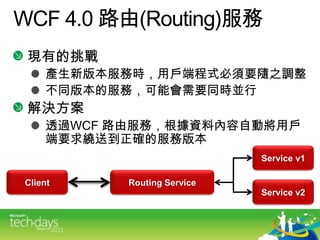 WCF4.0 路由(Routing)服務現有的挑戰產生新版本服務時，用戶端程式必須要隨之調整不同版本的服務，可能會需要同時並行解決方案透過WCF 路由服務，根據資料內容自動將用戶端要求繞送到正確的服務版本Service v1Routing ServiceClientService v2