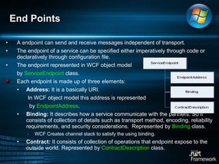 A endpoint can send and receive messages independent of transport . The endpoint of a service can be specified either imperatively through code or declaratively through configuration file.  The endpoint represented in WCF object model by  ServiceEndpoint  class.  Each endpoint is made up of three elements:  Address:  It is a basically URI.   In WCF object model this address is represented    by  EndpointAddress . Binding:  It describes how a service communicate with the partners. So it consists of collection of details such as transport method, encoding, reliability requirements, and security considerations.  Represented by  Binding  class. WCF Creates channel stack to satisfy the using binding.  Contract:  It consists of collection of operations that endpoint expose to the outside world. Represented by  ContractDescription  class.  End Points 