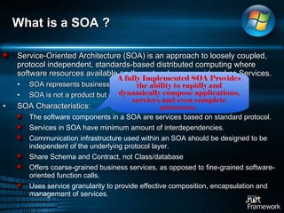 What is a SOA ?  Service-Oriented Architecture (SOA) is an approach to loosely coupled, protocol independent, standards-based distributed computing where software resources available on the network are considered as Services.  SOA represents business functions as shared, reusable services.  SOA is not a product but an architectural paradigm.  SOA Characteristics:   The software components in a SOA are services based on standard protocol.  Services in SOA have minimum amount of interdependencies. Communication infrastructure used within an SOA should be designed to be independent of the underlying protocol layer. Share Schema and Contract, not Class/database Offers coarse-grained business services, as opposed to fine-grained software-oriented function calls. Uses service granularity to provide effective composition, encapsulation and management of services. A fully Implemented SOA Provides the ability to rapidly and dynamically compose applications, services and even complete processes.  