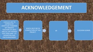 ACKNOWLEDGEMENT
I WOULD LIKE TO
EXPRESS MY
GRATITUDE TOWARDS
MY PARENTS
TEACHERS OF (NIIT)
AND ALL MY FRIENDS
FOR THEIR KIND CO-
OPERATION AND
ENCOURAGEMENT
WHICH HELP ME IN
COMPLETION OF THIS
PROJECT.
BY GULSHAN KUMAR
 