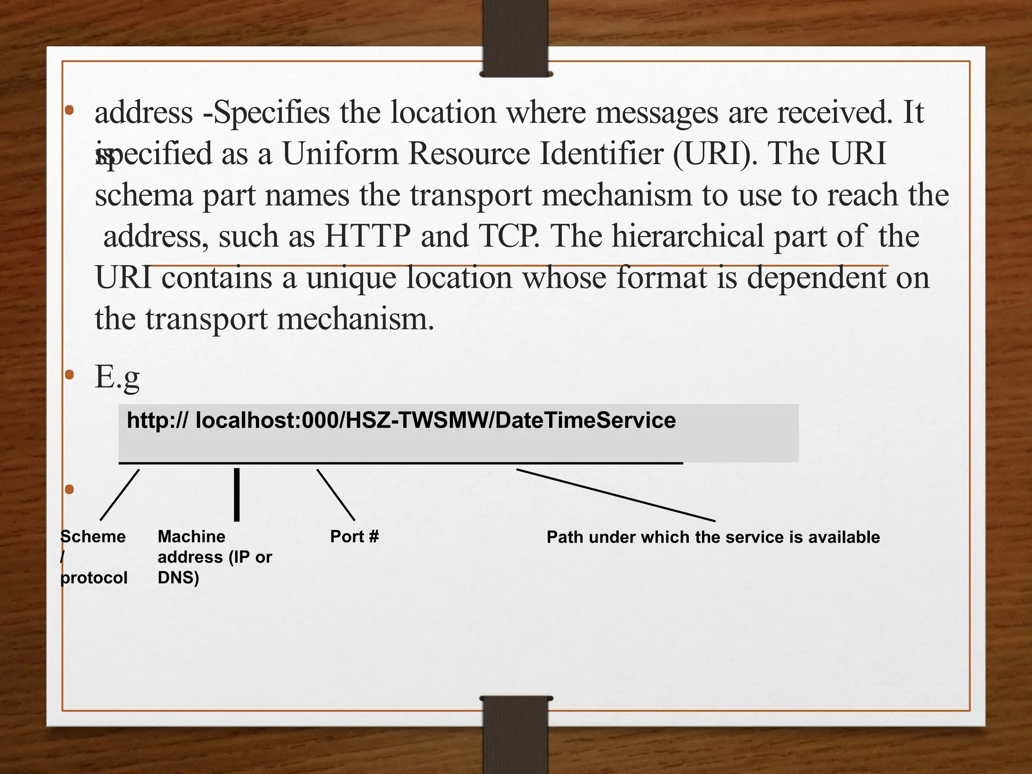 • address -Specifies the location where messages are received. It
is
specified as a Uniform Resource Identifier (URI). The URI
schema part names the transport mechanism to use to reach the
address, such as HTTP and TCP. The hierarchical part of the
URI contains a unique location whose format is dependent on
the transport mechanism.
• E.g
•
http:// localhost:000/HSZ-TWSMW/DateTimeService
Scheme
/
protocol
Machine
address (IP or
DNS)
Port # Path under which the service is available
 