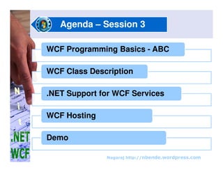 Agenda – Session 3 
WCF Programming Basics - ABC 
WCF Class Description 
.NET Support for WCF Services 
	
 