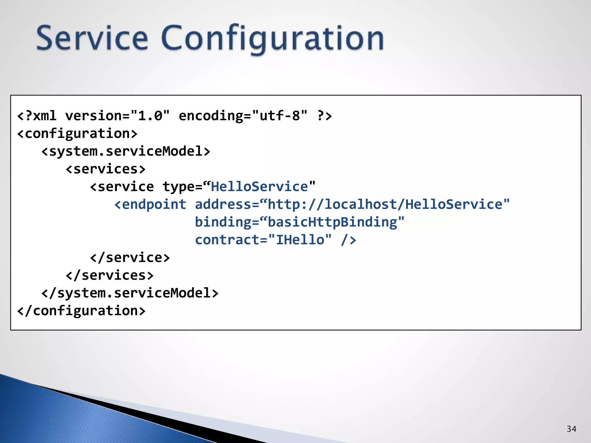 34
<?xml version="1.0" encoding="utf-8" ?>
<configuration>
<system.serviceModel>
<services>
<service type=“HelloService"
<endpoint address=“http://localhost/HelloService"
binding=“basicHttpBinding"
contract="IHello" />
</service>
</services>
</system.serviceModel>
</configuration>
 