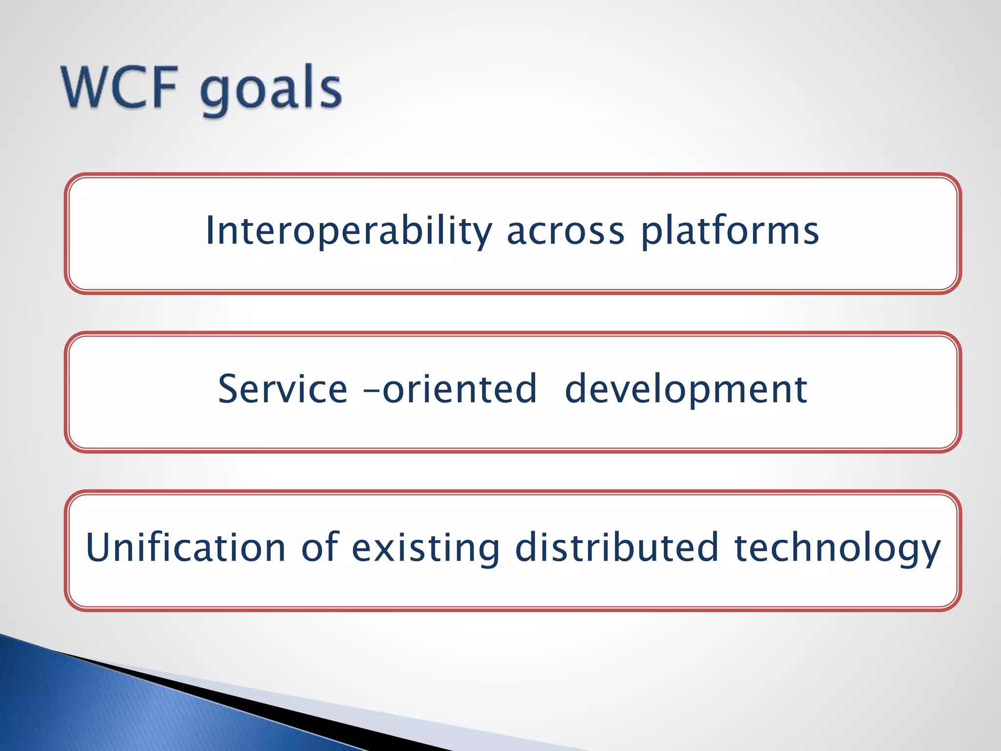Interoperability across platforms
Service –oriented development
Unification of existing distributed technology
 