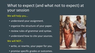 What to expect (and what not to expect) at
your session
We will help you...
• understand your assignment.
• organize the structure of your paper.
• review rules of grammar and syntax.
• understand how to cite your sources.
We will NOT…
• write, or rewrite, your paper for you.
• promise specific grades or outcomes.
 