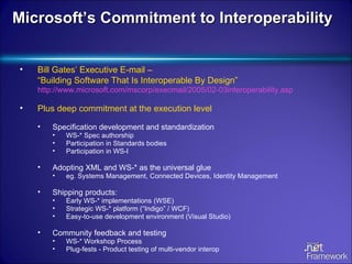 Microsoft’s Commitment to Interoperability Bill Gates’ Executive E-mail –  “Building Software That Is Interoperable By Design”  http://www.microsoft.com/mscorp/execmail/2005/02-03interoperability.asp Plus deep commitment at the execution level Specification development and standardization WS-* Spec authorship Participation in Standards bodies Participation in WS-I Adopting XML and WS-* as the universal glue  eg. Systems Management, Connected Devices, Identity Management Shipping products: Early WS-* implementations (WSE) Strategic WS-* platform (“Indigo” / WCF) Easy-to-use development environment (Visual Studio) Community feedback and testing WS-* Workshop Process Plug-fests - Product testing of multi-vendor interop 