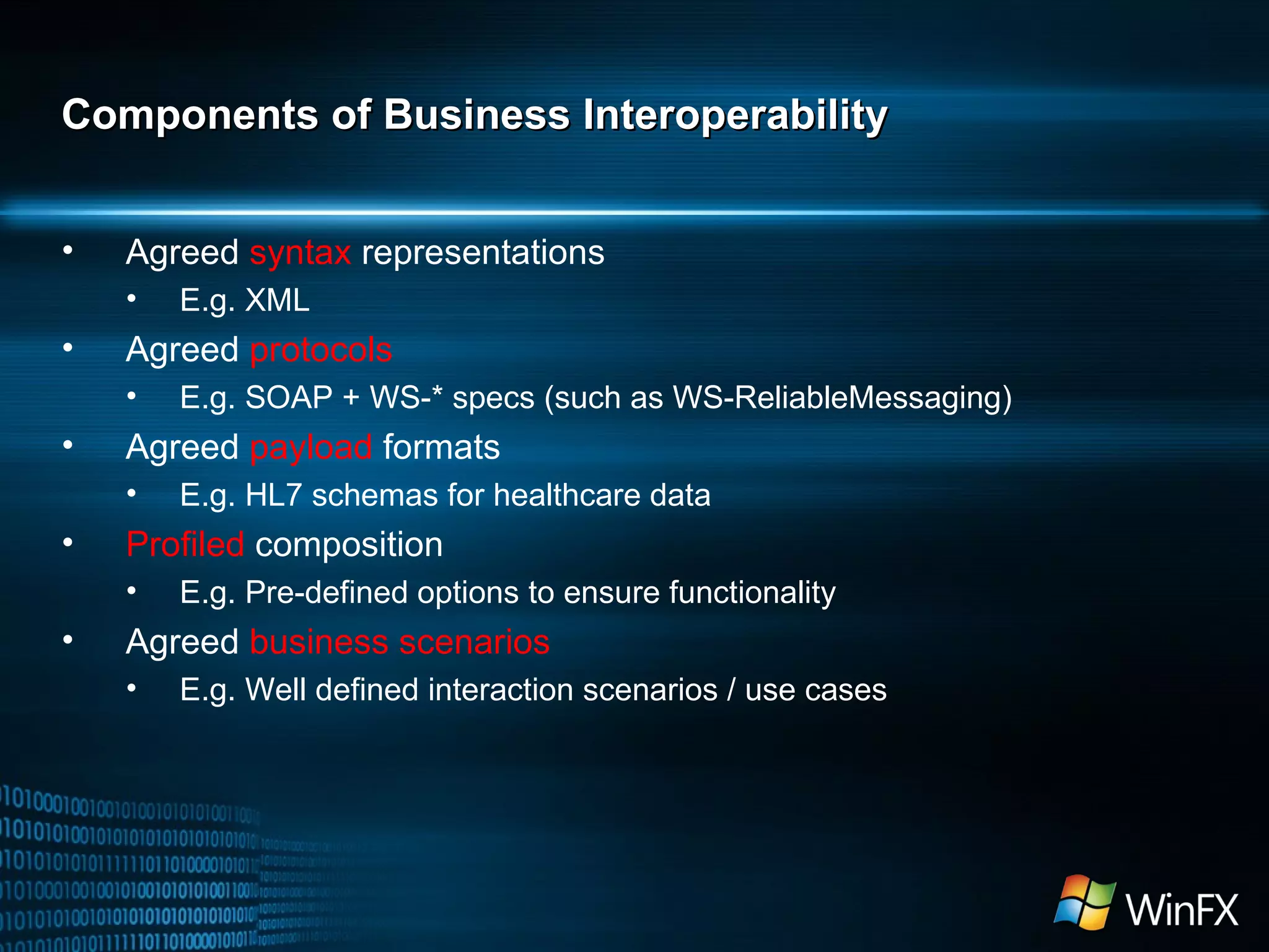 Components of Business Interoperability Agreed  syntax  representations E.g. XML Agreed  protocols E.g. SOAP + WS-* specs (such as WS-ReliableMessaging) Agreed  payload  formats E.g. HL7 schemas for healthcare data Profiled  composition E.g. Pre-defined options to ensure functionality Agreed  business scenarios E.g. Well defined interaction scenarios / use cases  