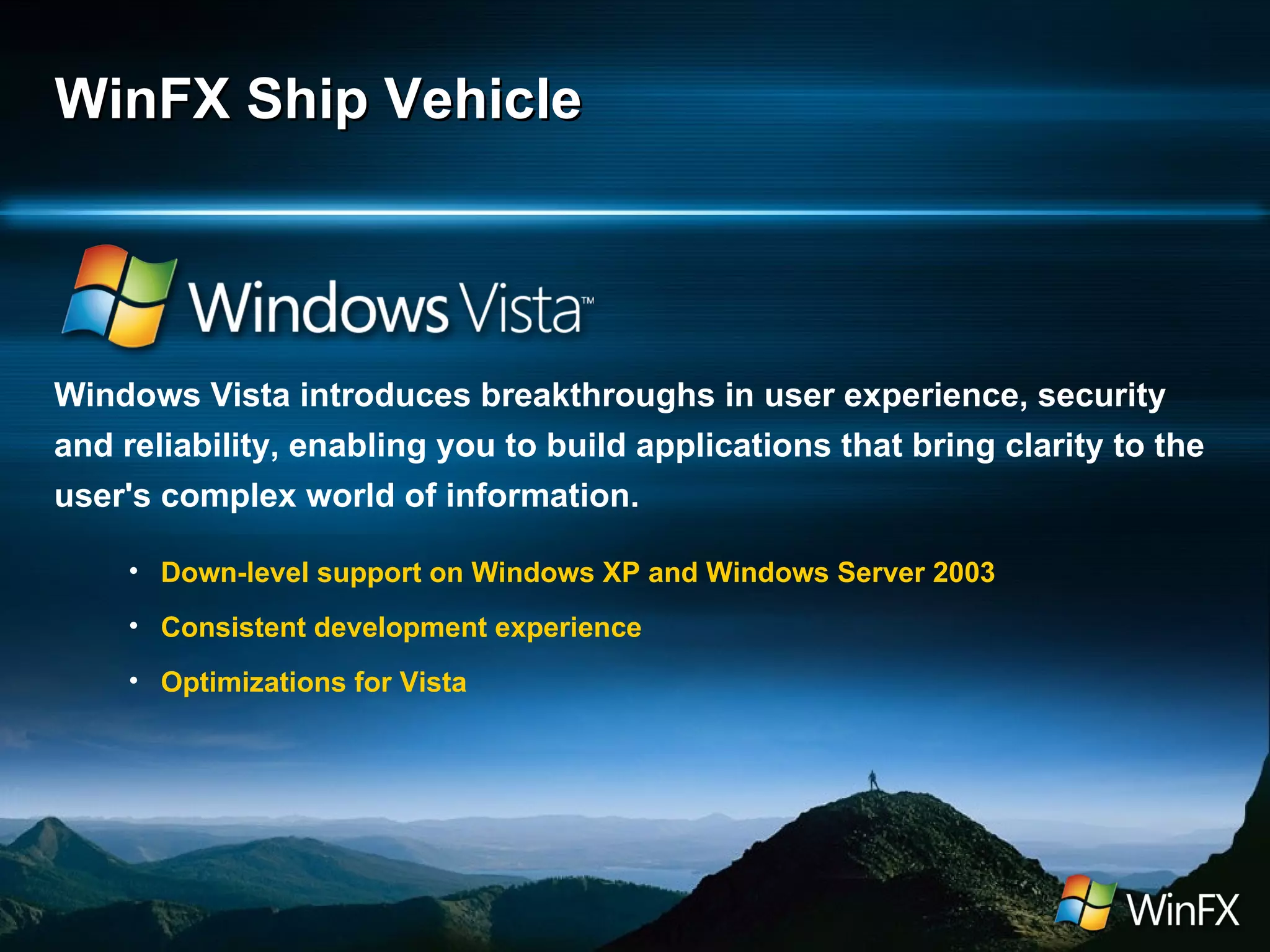 WinFX Ship Vehicle Down-level support on Windows XP and Windows Server 2003 Consistent development experience Optimizations for Vista Windows Vista introduces breakthroughs in user experience, security and reliability, enabling you to build applications that bring clarity to the user's complex world of information.   