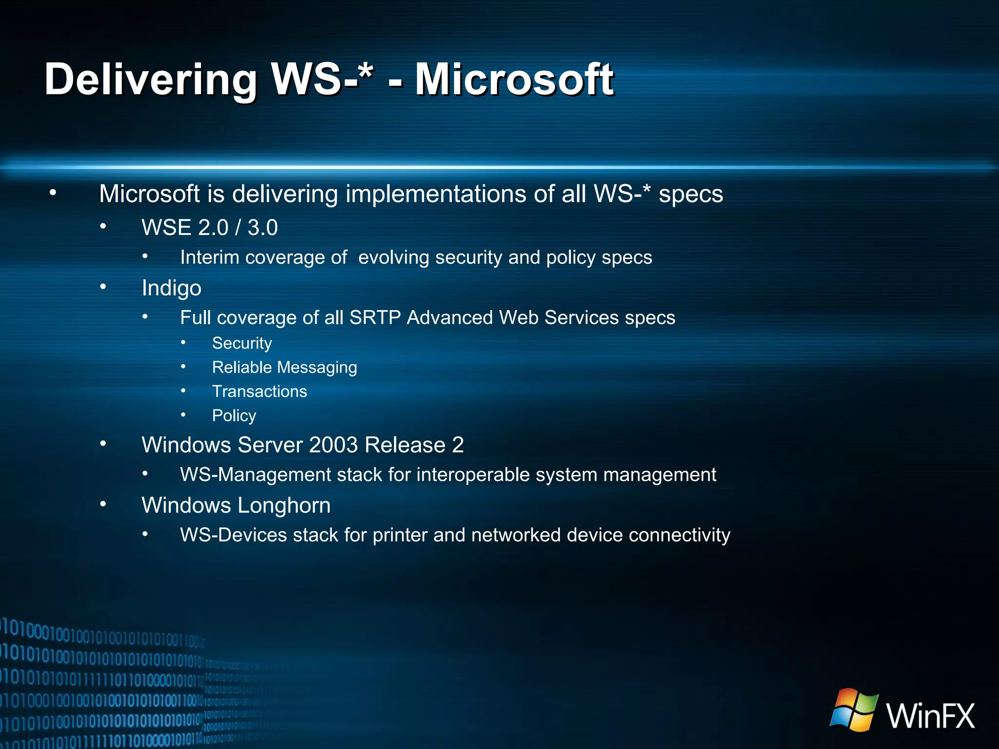 Delivering WS-* - Microsoft Microsoft is delivering implementations of all WS-* specs WSE 2.0 / 3.0 Interim coverage of  evolving security and policy specs Indigo Full coverage of all SRTP Advanced Web Services specs Security Reliable Messaging Transactions Policy Windows Server 2003 Release 2 WS-Management stack for interoperable system management Windows Longhorn WS-Devices stack for printer and networked device connectivity 