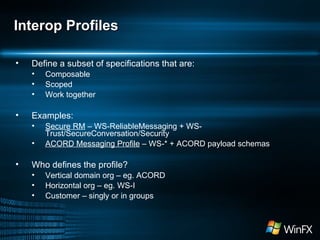 Interop Profiles Define a subset of specifications that are: Composable Scoped Work together Examples: Secure RM  – WS-ReliableMessaging + WS-Trust/SecureConversation/Security ACORD Messaging Profile  – WS-* + ACORD payload schemas Who defines the profile? Vertical domain org – eg. ACORD Horizontal org – eg. WS-I Customer – singly or in groups 