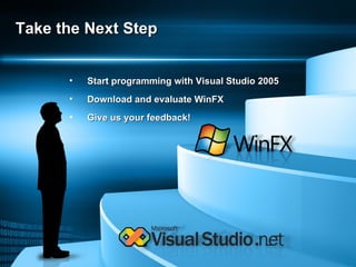 Start programming with Visual Studio 2005 Download and evaluate WinFX Give us your feedback! Take the Next Step 