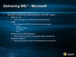 Delivering WS-* - Microsoft Microsoft is delivering implementations of all WS-* specs WSE 2.0 / 3.0 Interim coverage of  evolving security and policy specs Indigo Full coverage of all SRTP Advanced Web Services specs Security Reliable Messaging Transactions Policy Windows Server 2003 Release 2 WS-Management stack for interoperable system management Windows Longhorn WS-Devices stack for printer and networked device connectivity 