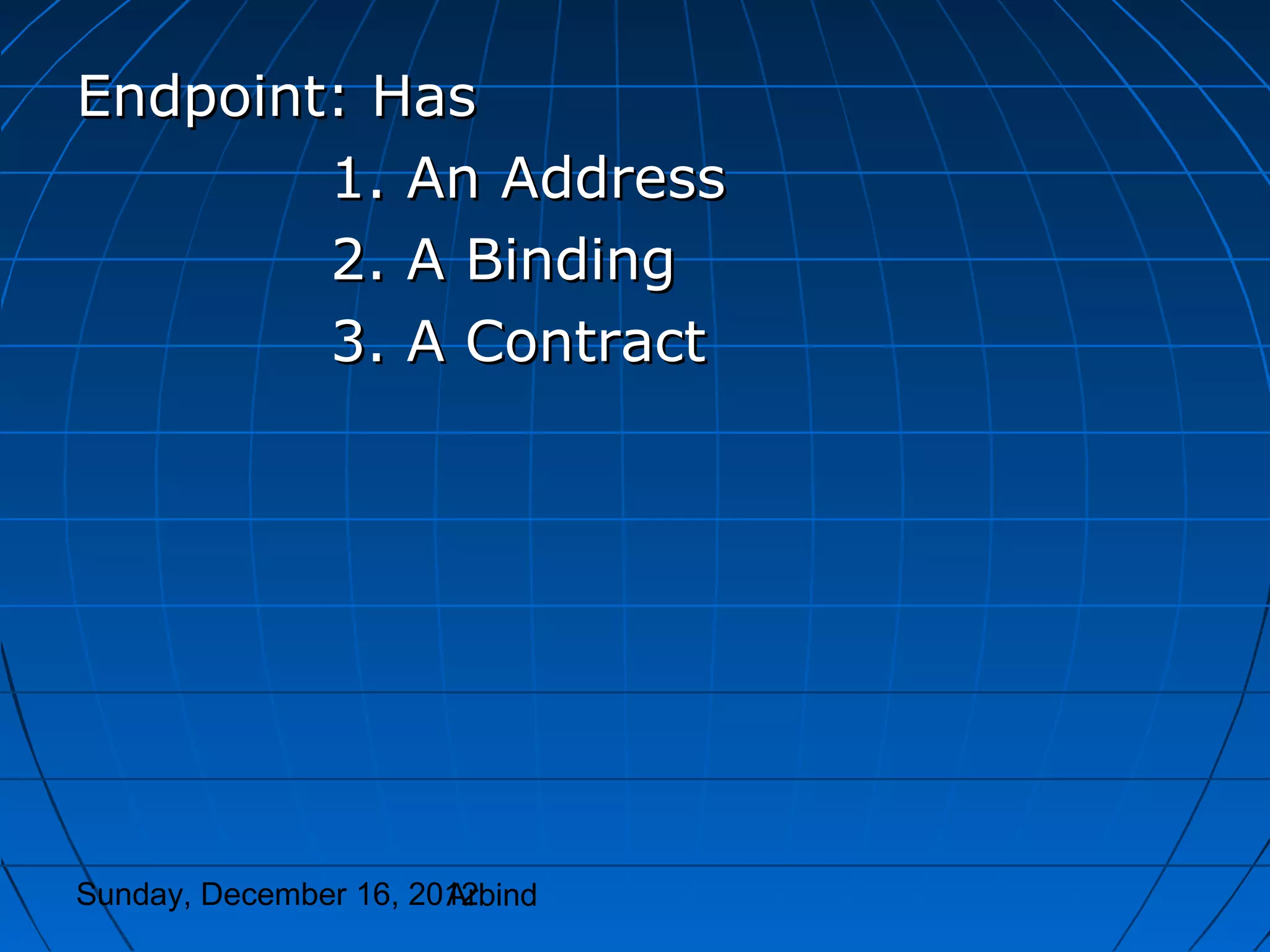 Endpoint: Has
        1. An Address
        2. A Binding
        3. A Contract




Sunday, December 16, 2012
                       Arbind
 