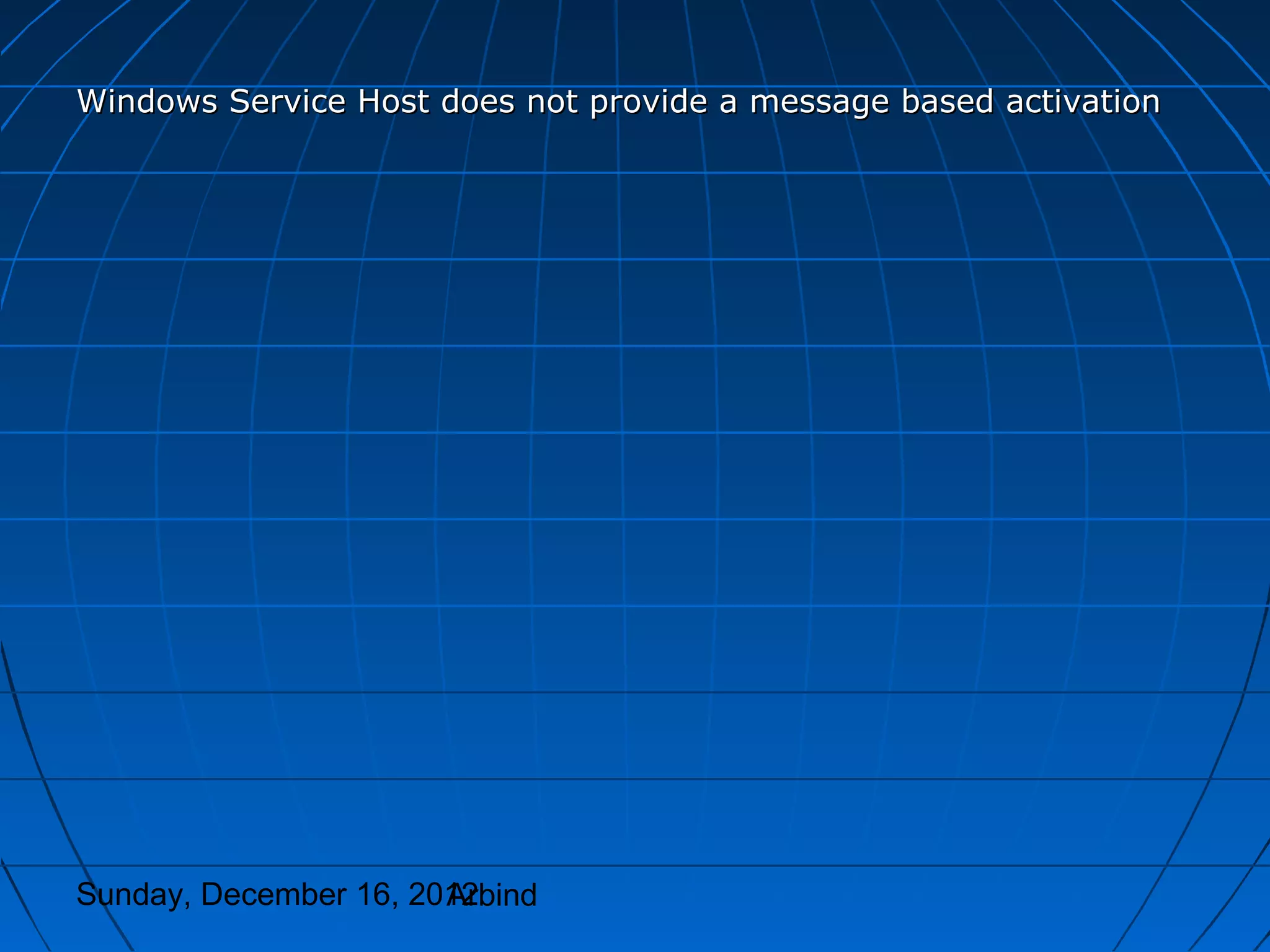 Windows Service Host does not provide a message based activation




Sunday, December 16, 2012
                       Arbind
 
