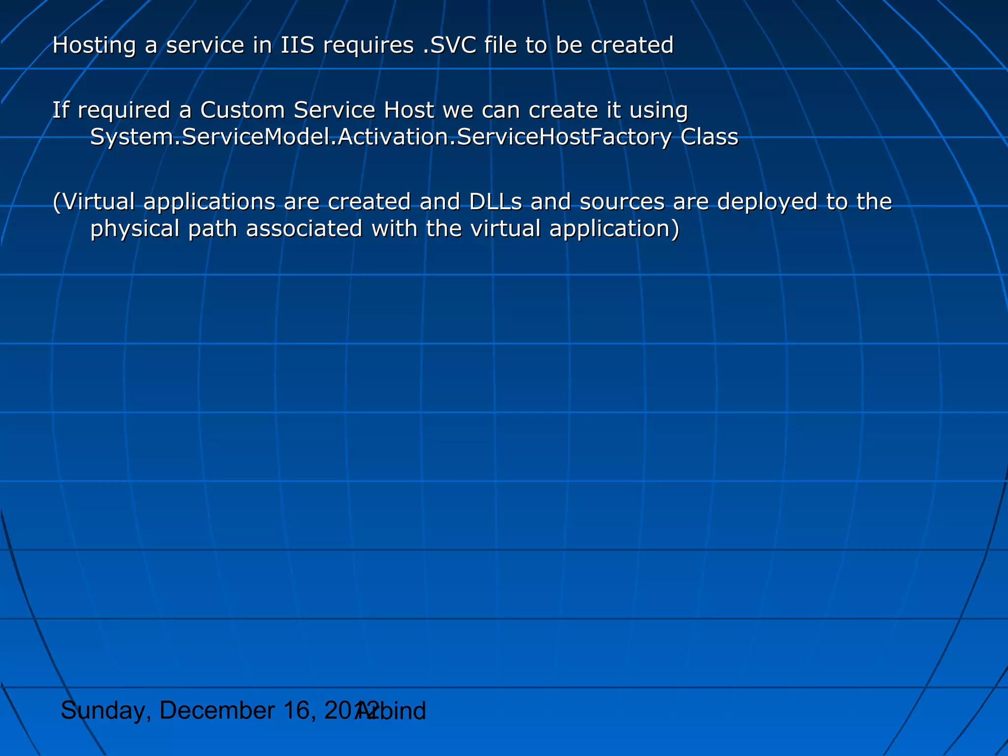 Hosting a service in IIS requires .SVC file to be created

If required a Custom Service Host we can create it using
    System.ServiceModel.Activation.ServiceHostFactory Class

(Virtual applications are created and DLLs and sources are deployed to the
    physical path associated with the virtual application)




Sunday, December 16, 2012
                       Arbind
 
