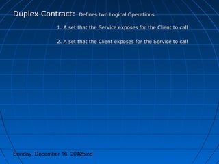 Duplex Contract:        Defines two Logical Operations

               1. A set that the Service exposes for the Client to call

               2. A set that the Client exposes for the Service to call




Sunday, December 16, 2012
                       Arbind
 