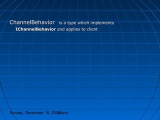 ChannelBehavior         is a type which implements
  IChannelBehavior and applies to client




Sunday, December 16, 2012
                       Arbind
 