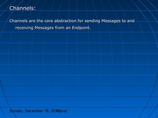 Channels:

Channels are the core abstraction for sending Messages to and
  receiving Messages from an Endpoint.




Sunday, December 16, 2012
                       Arbind
 