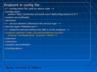 Endpoint in config file:
<!-- configuration file used by above code -->
<configuration
   xmlns="http://schemas.microsoft.com/.NetConfiguration/v2.0">
<system.serviceModel>
<services>
<!-- service element references the service type -->
<service type="MathService">
<!-- endpoint element defines the ABC's of the endpoint -->
<endpoint address="http://localhost/MathService/Ep1"
   binding="wsHttpBinding" contract="IMath"/>
</service>
</services>
</system.serviceModel>
</configuration>




 Sunday, December 16, 2012
                        Arbind
 