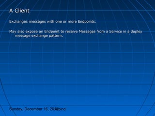 A Client
Exchanges messages with one or more Endpoints.

May also expose an Endpoint to receive Messages from a Service in a duplex
  message exchange pattern.




Sunday, December 16, 2012
                       Arbind
 