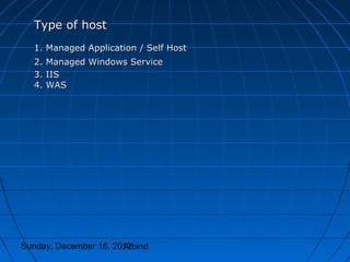 Type of host
  1. Managed Application / Self Host
  2.   Managed Windows Service
  3.   IIS
  4.   WAS




Sunday, December 16, 2012
                       Arbind
 