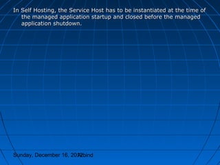 In Self Hosting, the Service Host has to be instantiated at the time of
   the managed application startup and closed before the managed
   application shutdown.




Sunday, December 16, 2012
                       Arbind
 