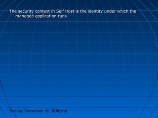 The security context in Self Host is the identity under which the
  managed application runs




Sunday, December 16, 2012
                       Arbind
 