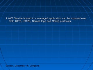 A WCF Service hosted in a managed application can be exposed over
  TCP, HTTP, HTTPS, Named Pipe and MSMQ protocols.




Sunday, December 16, 2012
                       Arbind
 