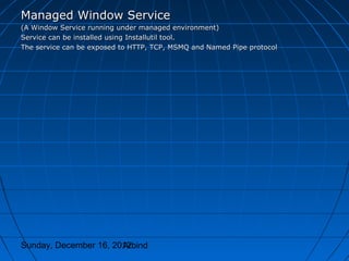 Managed Window Service
(A Window Service running under managed environment)
Service can be installed using Installutil tool.
The service can be exposed to HTTP, TCP, MSMQ and Named Pipe protocol




Sunday, December 16, 2012
                       Arbind
 