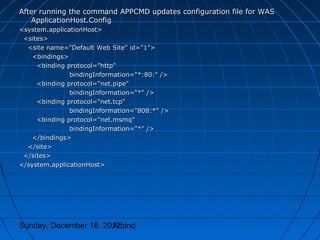 After running the command APPCMD updates configuration file for WAS
   ApplicationHost.Config
<system.applicationHost>
 <sites>
  <site name="Default Web Site" id="1">
    <bindings>
     <binding protocol="http"
               bindingInformation="*:80:" />
     <binding protocol="net.pipe"
               bindingInformation="*" />
     <binding protocol="net.tcp"
               bindingInformation="808:*" />
     <binding protocol="net.msmq"
               bindingInformation="*" />
    </bindings>
  </site>
 </sites>
</system.applicationHost>




Sunday, December 16, 2012
                       Arbind
 