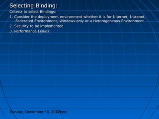 Selecting Binding:
Criteria to select Bindings:
1. Consider the deployment environment whether it is for Internet, Intranet,
    Federated Environment, Windows only or a Heterogeneous Environment
2. Security to be implemented
3. Performance Issues




Sunday, December 16, 2012
                       Arbind
 