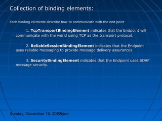 Collection of binding elements:

Each binding elements describe how to communicate with the end point

       1. TcpTransportBindingElement indicates that the Endpoint will
   communicate with the world using TCP as the transport protocol.

        2. ReliableSessionBindingElement indicates that the Endpoint
   uses reliable messaging to provide message delivery assurances.

       3. SecurityBindingElement indicates that the Endpoint uses SOAP
   message security.




Sunday, December 16, 2012
                       Arbind
 